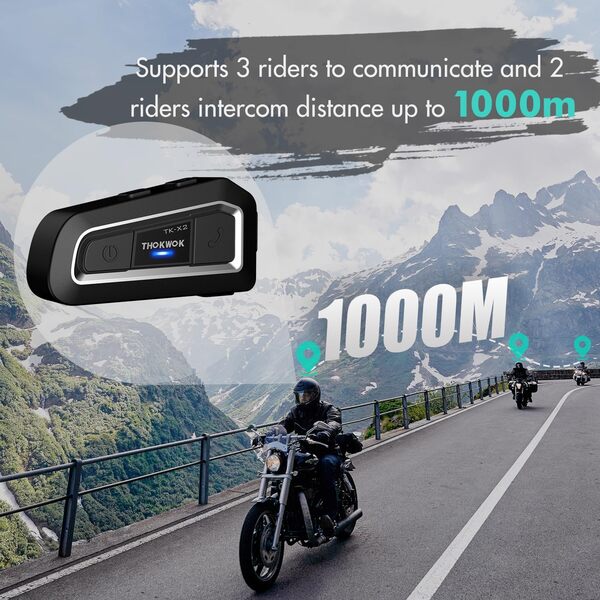 THOKWOK Intercom Moto, TK-X2 Casque Moto Ecouteur Bluetooth pour 2-3 Personnes, Kit Main Libre Oreillette Bluetooth Stéréo Hi-FI, Radio FM, Communication Système pour Motocross/ATV/Motoneige (1 Pièce)