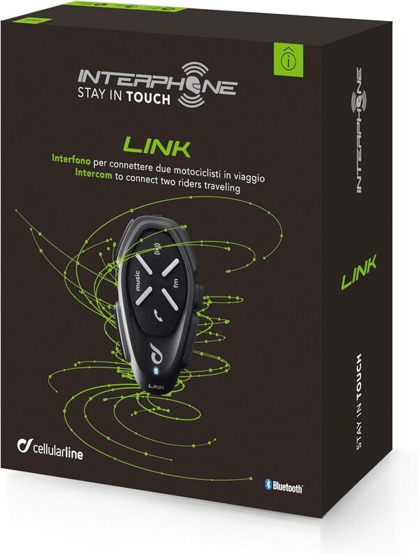 Link - Dual Paquet - Système de Communication Moto Bluetooth, Jusqu'à 2 Riders, Portée 300 MT, Contrôle du Bruit, Jusqu'à 20 Heures, Radio FM, MP3, GPS, IP67, Universal