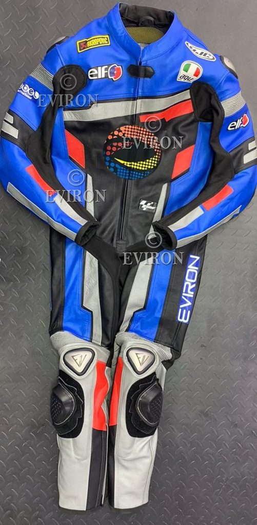 Test : combinaison de moto cuir noir et bleu Motif multicolore taille M