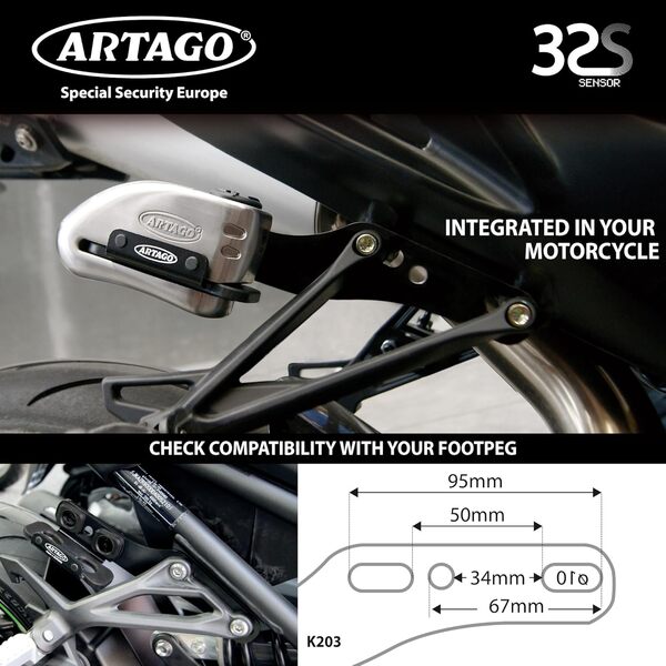 Artago 32S2 Pack Antivol Bloque-Disque avec Alarme 120db Haute Sécurité + Support pour Yamaha MT-07 et Tracer 700, Homologué SRA, Acier