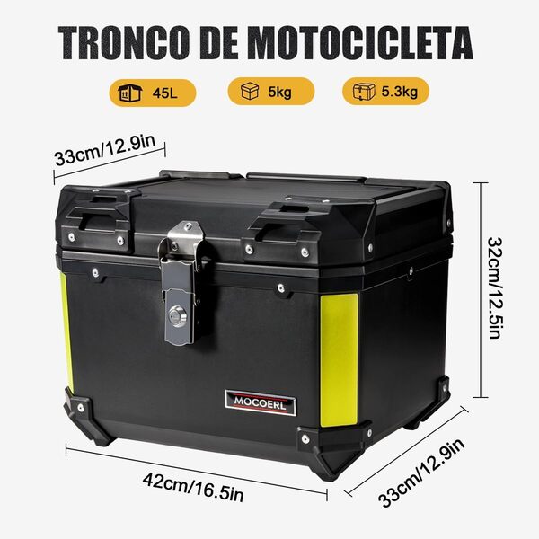 MOCOERL Top case pour moto - Noir - Grande capacité - 45 l - En plastique ABS étanche - Porte-bagages - Support de fixation universel
