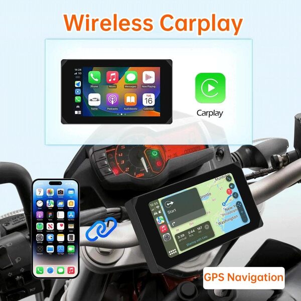 VSYSTO Écran Carplay Android Auto sans Fil pour Moto, Portable écran Tactile étanche de 5 Pouces, Caméra de Moto Avant et arrière 1080P avec GPS Navigation, Bluetooth, Caméra de recul