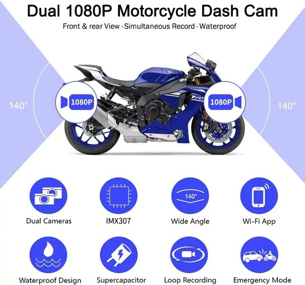 VSYSTO Dashcam Moto, Grand Angle 140 ° Caméra de Moto, Double Lentille HD 1080P Avant et arrière, WiFi Camera Velo étanche, Vision Nocturne, Capteur G, WDR, Enregistrement en Boucle