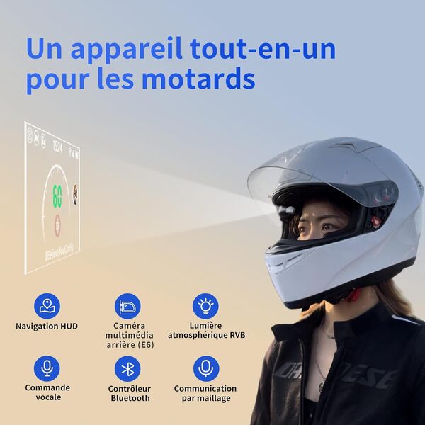 Casque de MOTOEYE E6 HUD, Affichage tête Haute, Bluetooth, GPS, CarPlay, Android Auto, interphone Mesh, caméra de recul, télécommande, réduction du Bruit, lumières RVB, IP66 pour Tous Les Casques