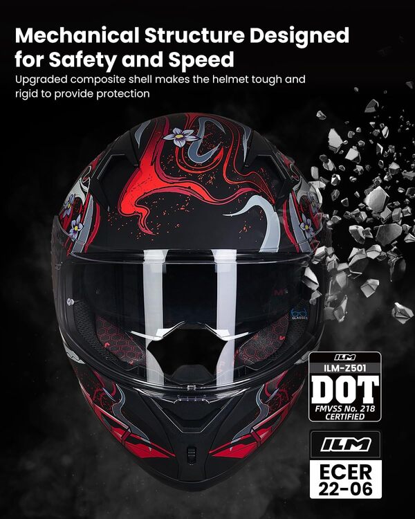 ILM Casque Moto Intégral pour Homme et Femme-Casque de Moto avec 2 Visières Compatible avec Pinlock Transparent et Teinté-Casque de Motocross Street Bike Modèle ECE Z501,Armor Red,M