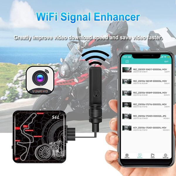 VSYSTO Caméras WiFi Améliorée de la Caméra de Tableau de Bord de Moto HD 1080P DVR Étanche Complet Téléchargement de Vidéos à Grande Vitesse Télécommande Prendre des Photos (Black-S6PL)